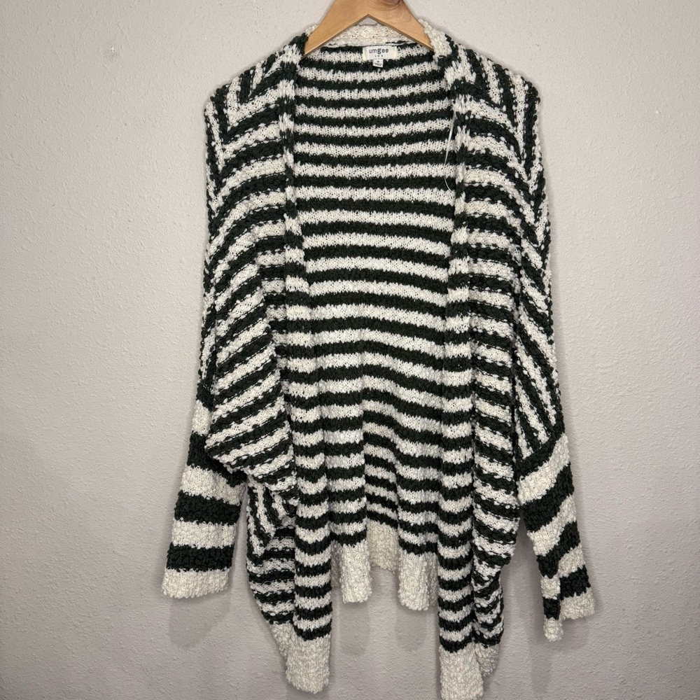 Umgee Striped Cardigan Oversized Popcorn Knit Olive & Cream Women’s Size Medium
